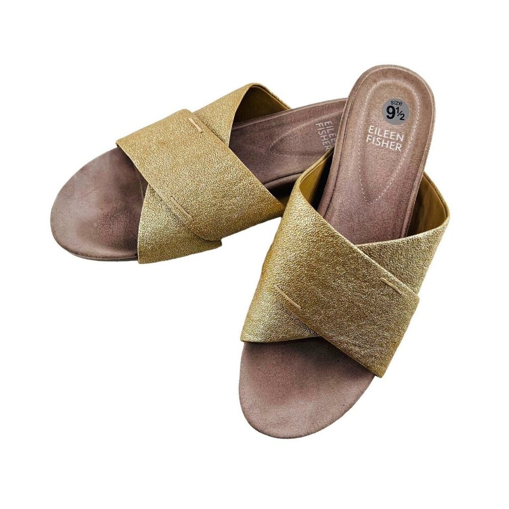 Eileen Fisher Womans Leather Cross Strap Slide Sandal Cushioned Sz 9.5 M Gold